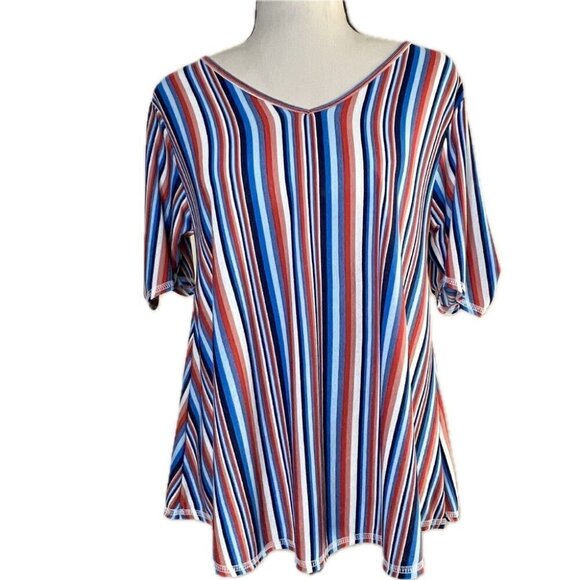 Cha Cha Vente V-Neck Stripped Short Sleeve Shirt Size Petite M‎ - Picture 1 of 6
